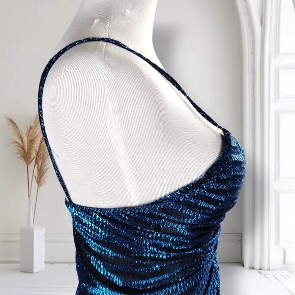 Vintage 80s Blue Metallic Pleated Ruched Disco Midi Dress Spaghetti Size S - Picture 5 of 16